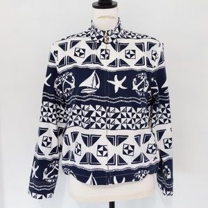 St. John Sport Navy Blue & White Naval Print Gold Hardware Jacket Size Small